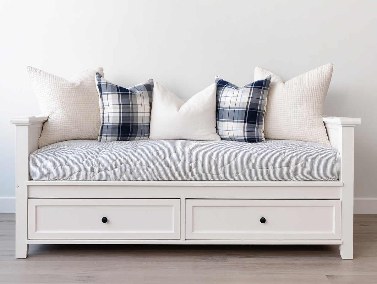 Sofás cama de madera y tela 205x95x88 cm - blanco y gris claro - diseño clásico con 2 cajones