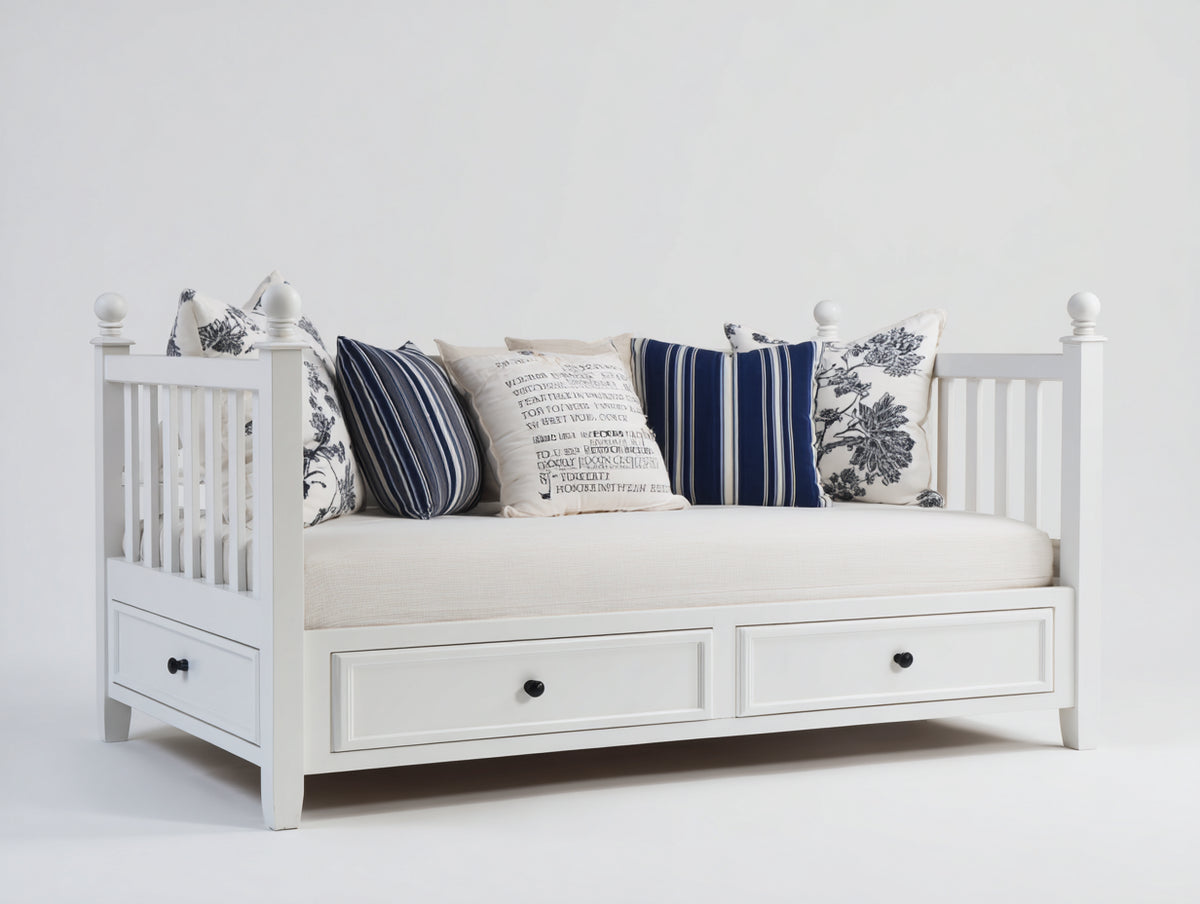 Sofás cama de madera y tela 205x95x92 cm - blanco y beige claro - diseño clásico con 3 cajones
