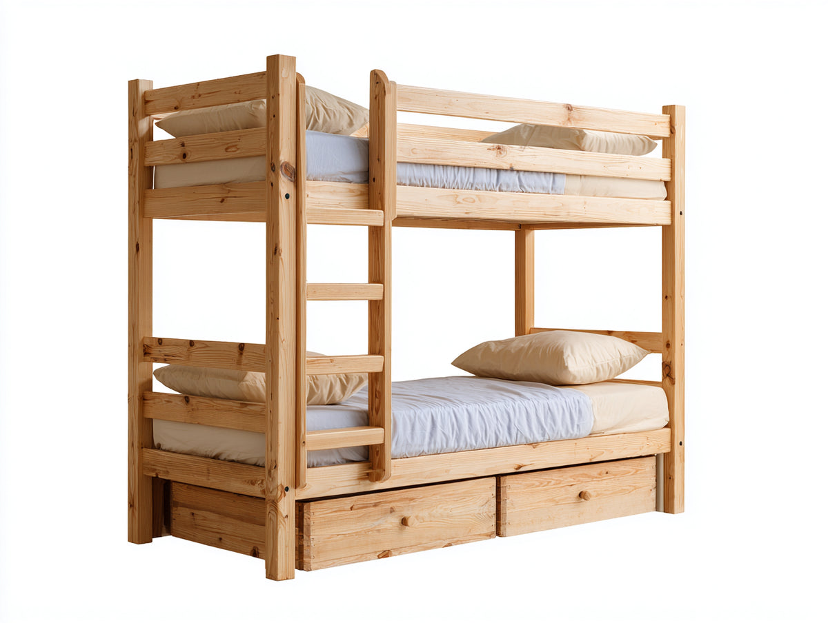 Literas de madera 210x105x175 cm - madera natural - diseño con escalera integrada y 2 cajones