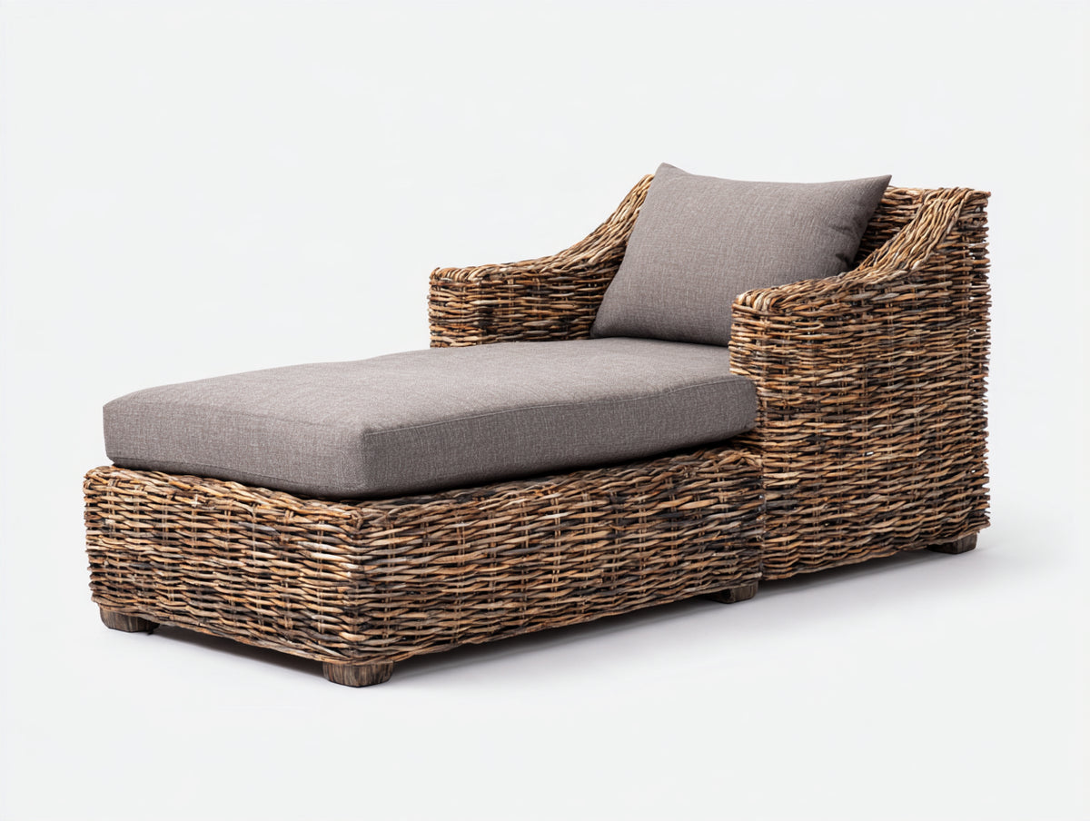 Tumbonas - Estructura de ratán sintético 168 x 80 x 82 cm - Marrón natural con tapizado gris topo y diseño envolvente