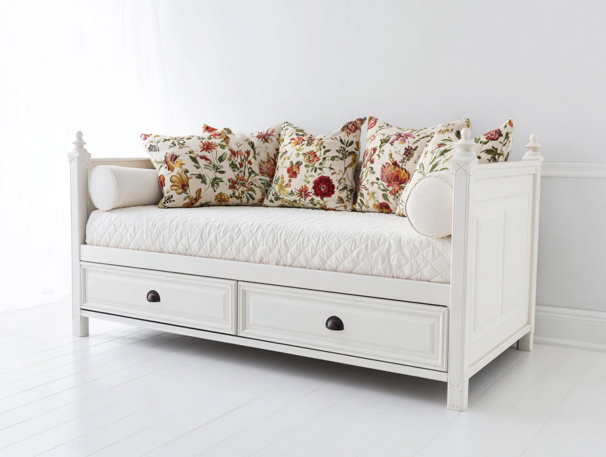 Sofás cama - Estructura blanca 188 x 88 x 90 cm - Tapizado blanco crema con 2 cajones y diseño clásico