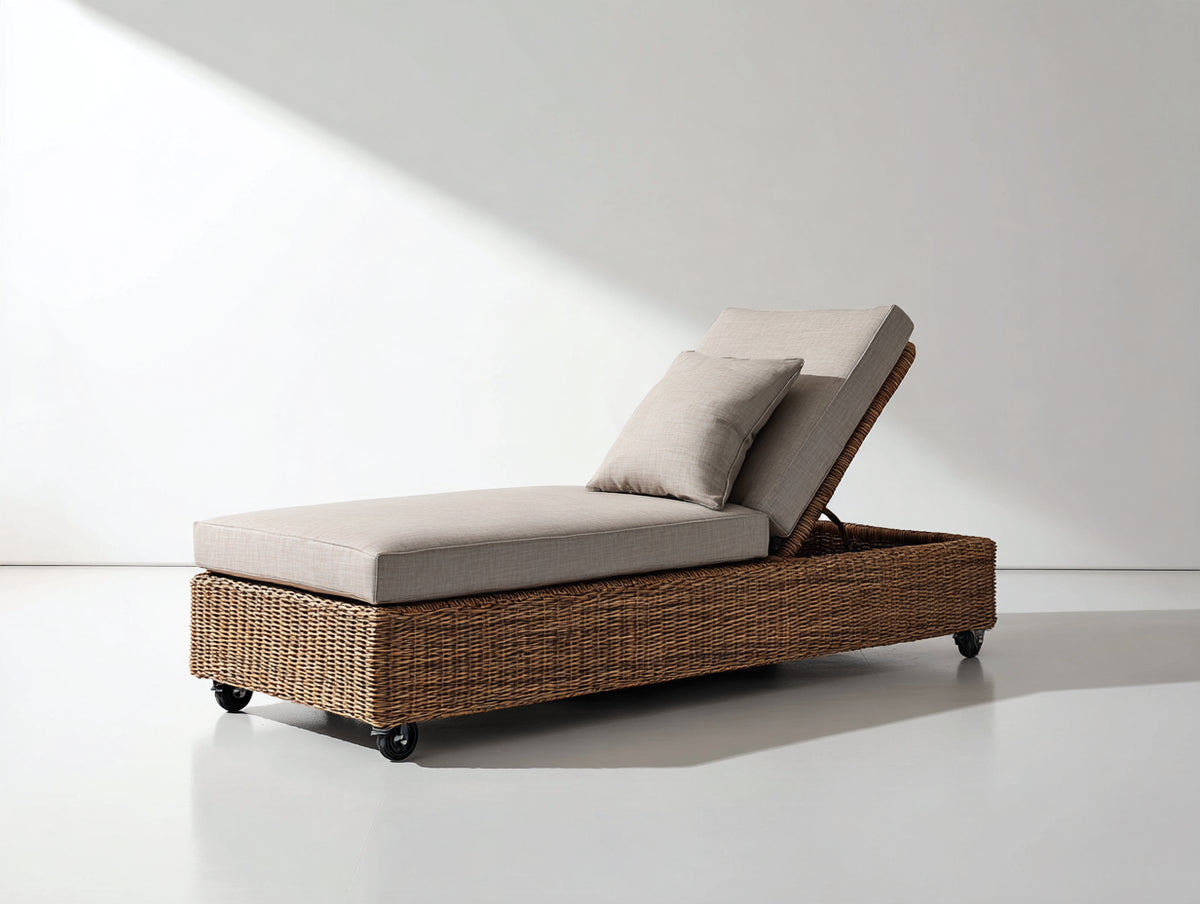 Tumbonas de ratán 200x75x85 cm - marrón natural - respaldo reclinable con ruedas