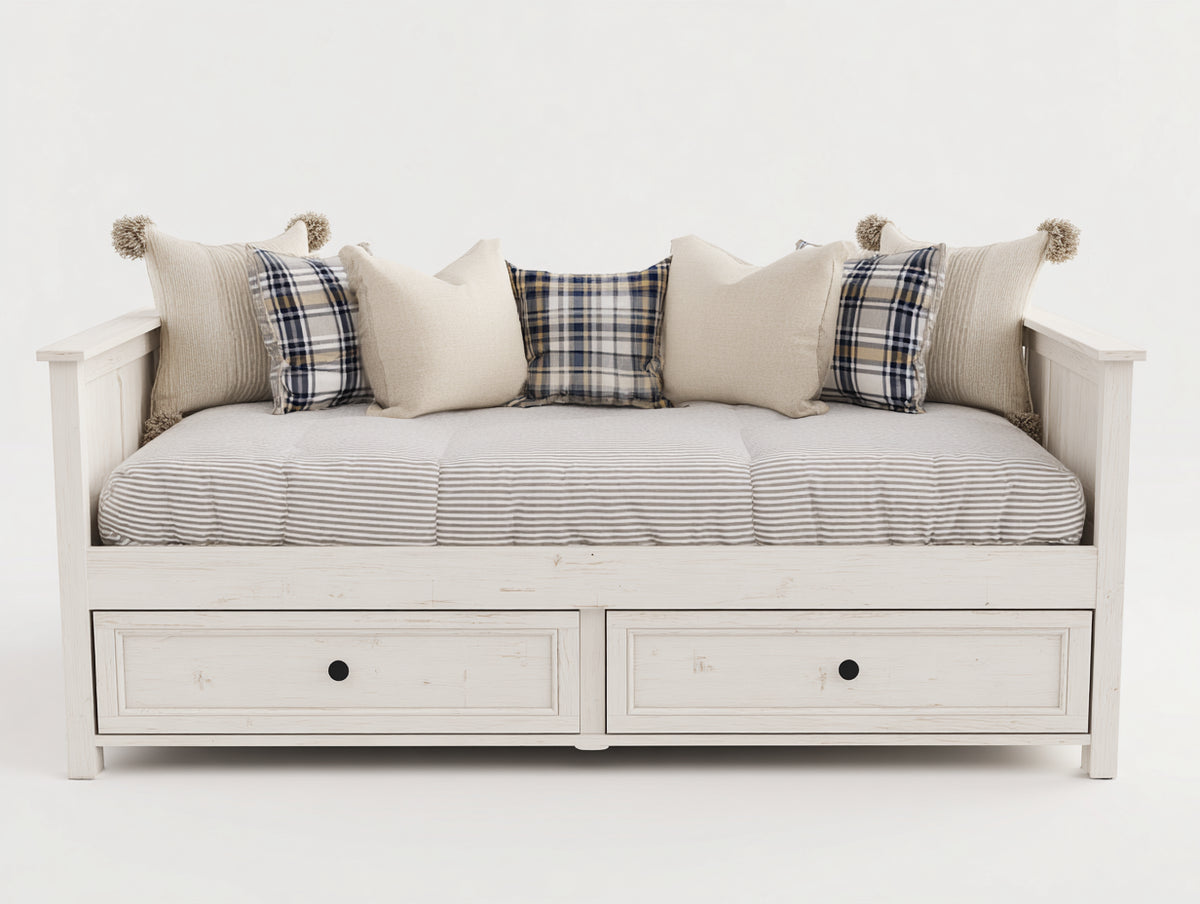 Sofás cama de madera y tela 205x95x90 cm - blanco envejecido y gris claro - diseño clásico con 2 cajones