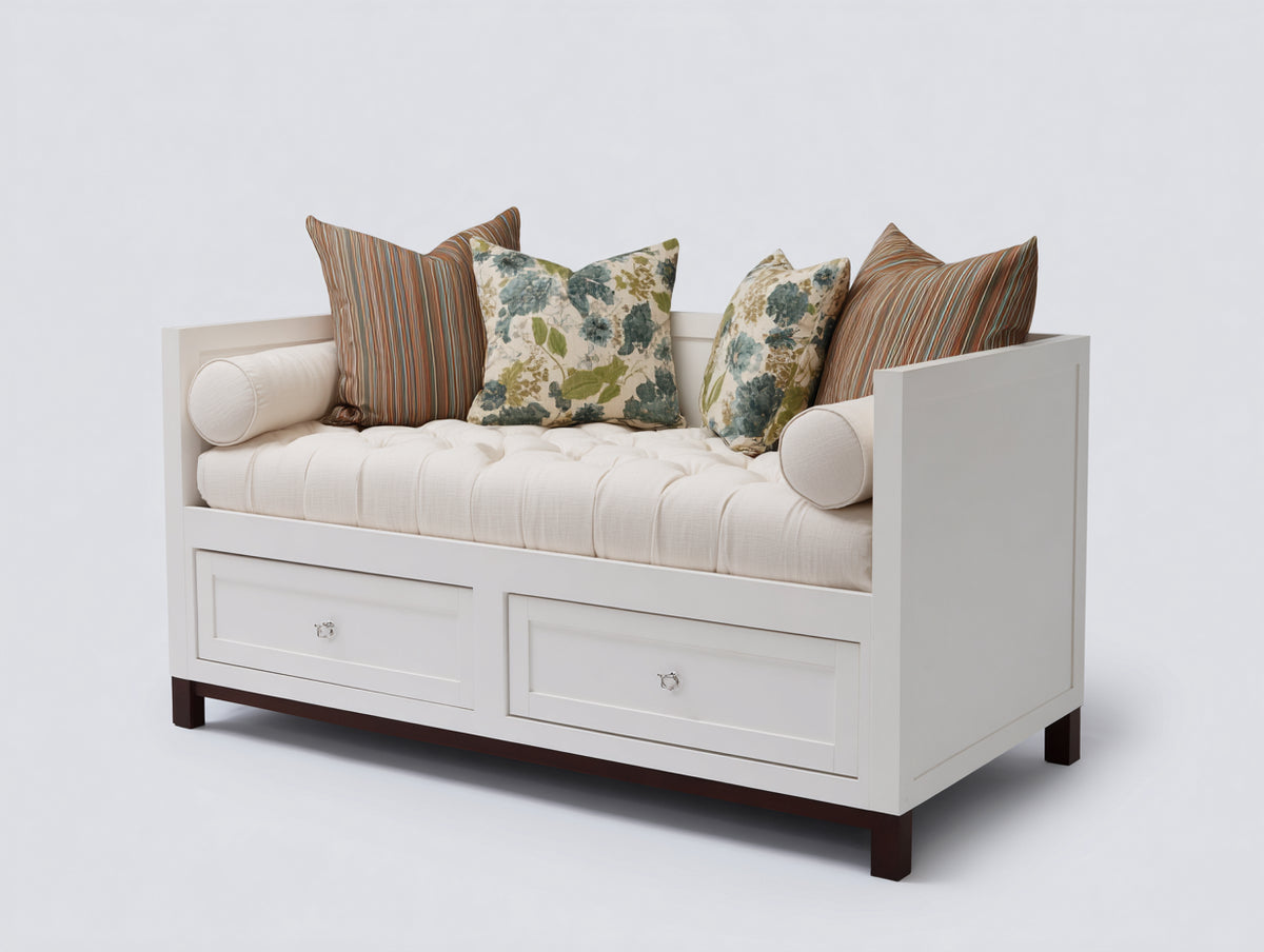 Sofás cama - Tapizado textil y estructura blanca 180 x 85 x 88 cm - Blanco crema con 2 cajones y diseño clásico