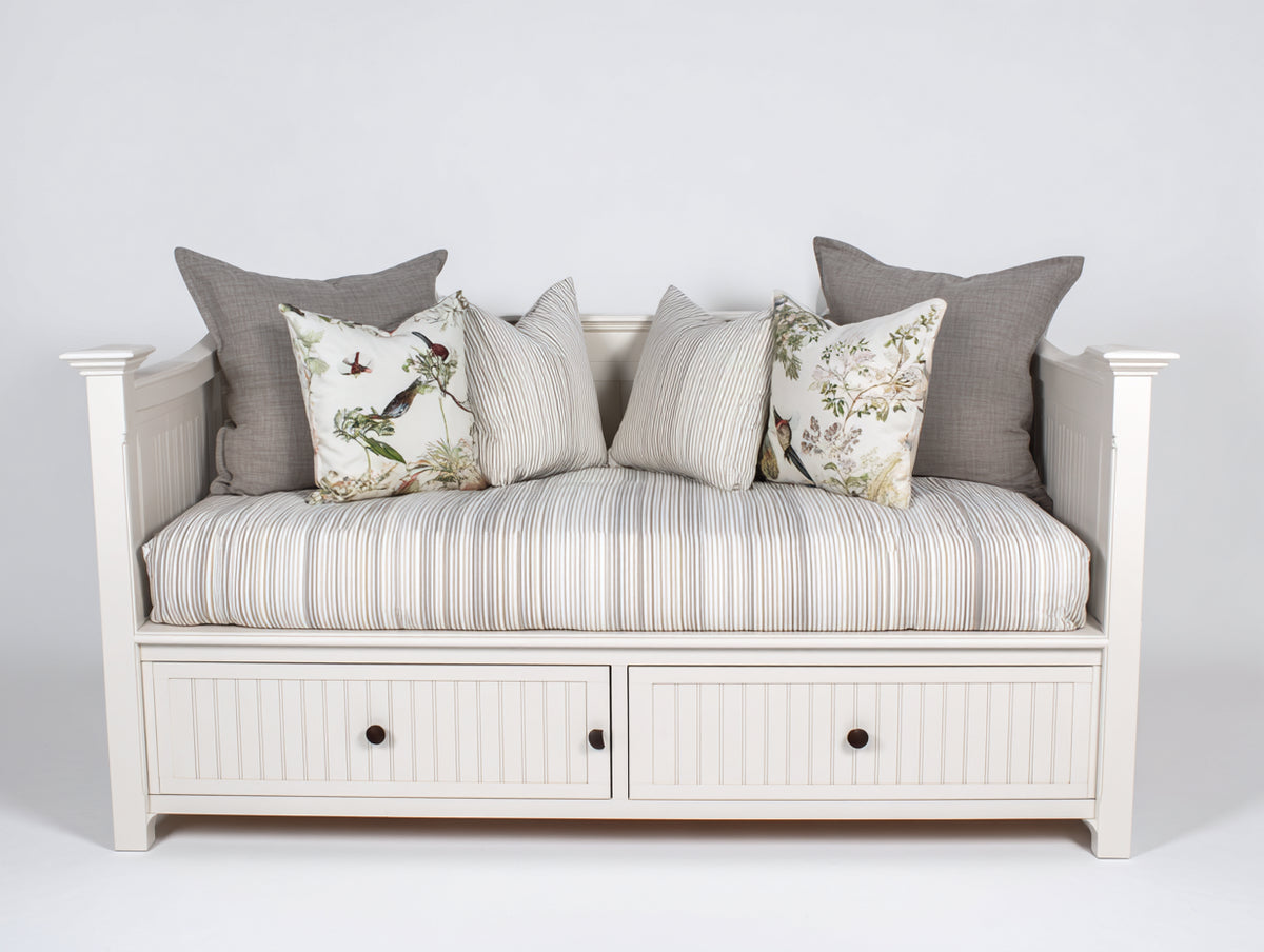 Sofás cama - Estructura blanca 190 x 90 x 92 cm - Tapizado textil beige y blanco con 2 cajones y diseño clásico