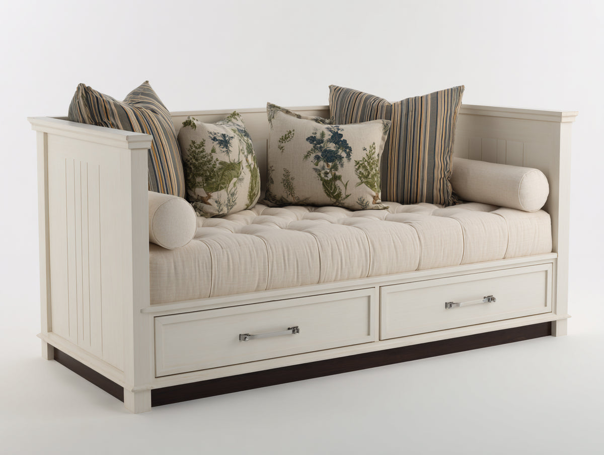 Sofás cama de madera y tela 210x95x90 cm - blanco roto y beige - diseño clásico con 2 cajones